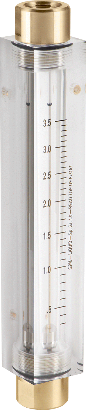 Akrilik Plastik Gövdeli Akış Ölçer, Pirinç Bağlantı Parçası, 1/2 NPT, 9,25" Yükseklik, 0.35-3.5 gpm