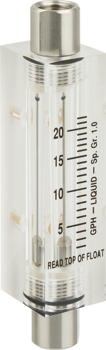 Akrilik Plastik Gövdeli Akış Ölçer, Dikdörtgen, 316 Paslanmaz Çelik Bağlantı Elemanı, 1/4 NPT Dişi, 2.2-22 gph