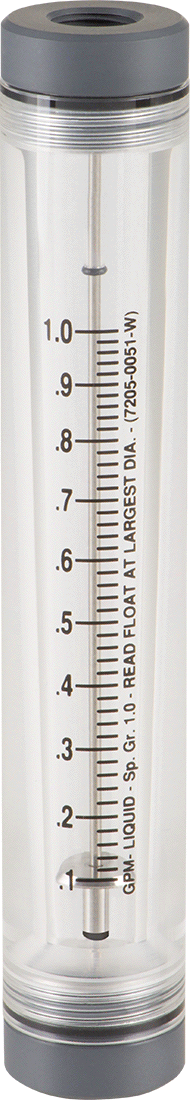 Akrilik Plastik Gövdeli Akış Ölçer, Silindir, PVC Bağlantı Parçası, 3/8 NPT Dişi, 0.1-1 gpm