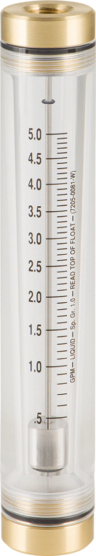 Akrilik Plastik Gövdeli Akış Ölçer, Silindir, Pirinç Bağlantı Parçası, 3/8 NPT Dişi, 0.5-5 gpm