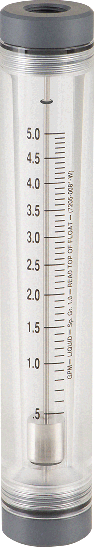 Akrilik Plastik Gövdeli Akış Ölçer, Silindir, PVC Bağlantı Parçası, 3/8 NPT Dişi, 0.5-5 gpm
