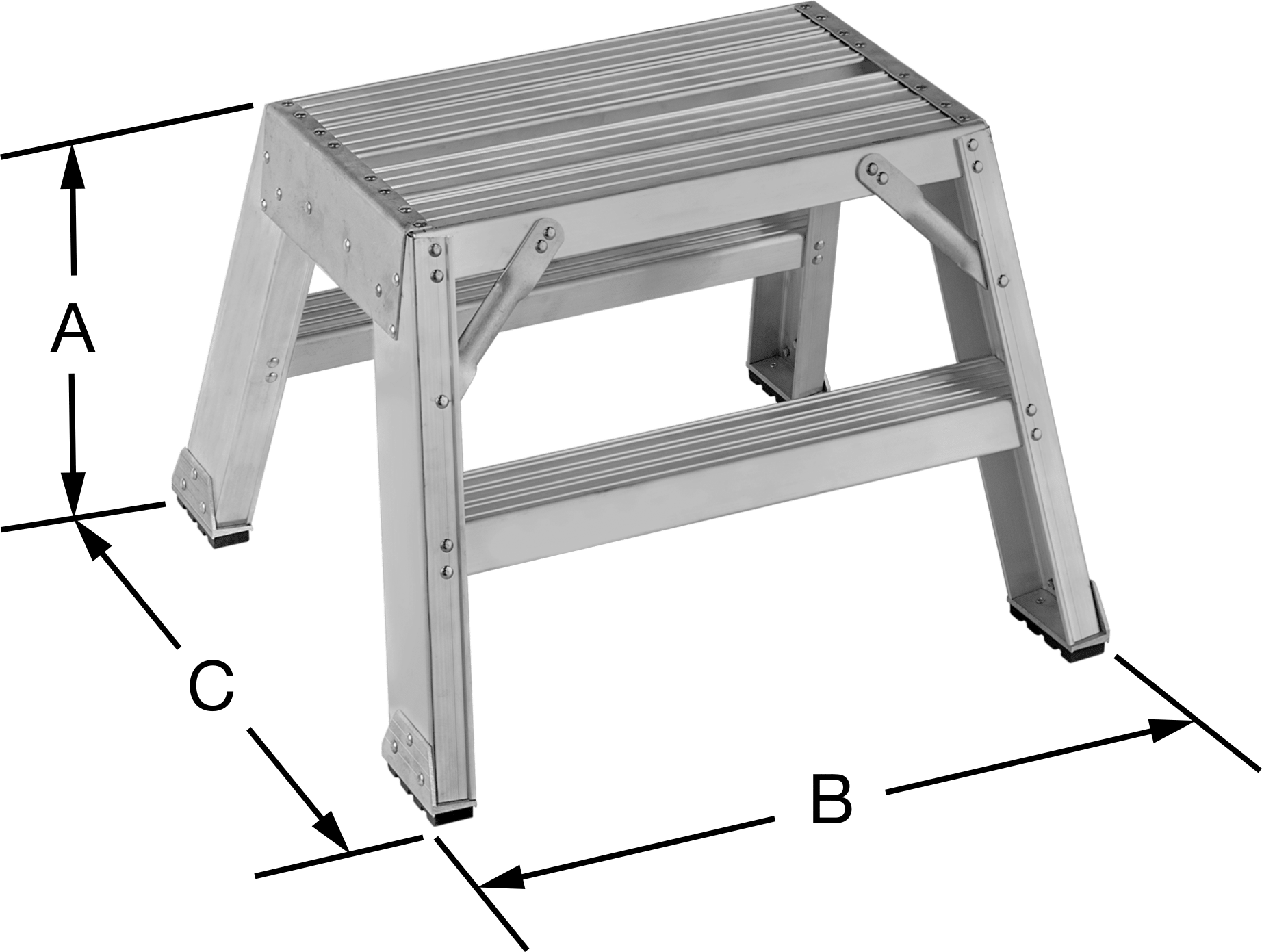 Alüminyum Basamaklı Tabure, 2 adet Yivli Basamak ile, 16“ Yükseklik x 22” Genişlik x 21" Derinlik Toplam
