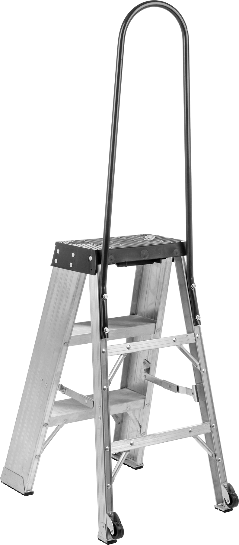 Alüminyum Katlanabilir Basamaklı Tabure, Korkuluk ile, 3 Yivli Basamak, 64“ Yükseklik x 20” Genişlik Toplam