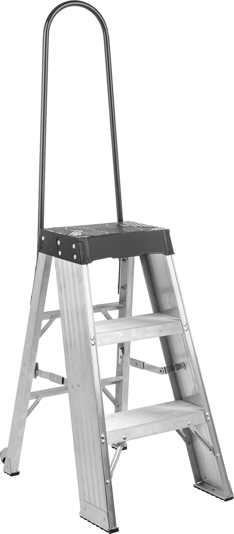 Alüminyum Katlanabilir Basamaklı Tabure, Korkuluk ile, 3 Yivli Basamak, 64“ Yükseklik x 20” Genişlik Toplam