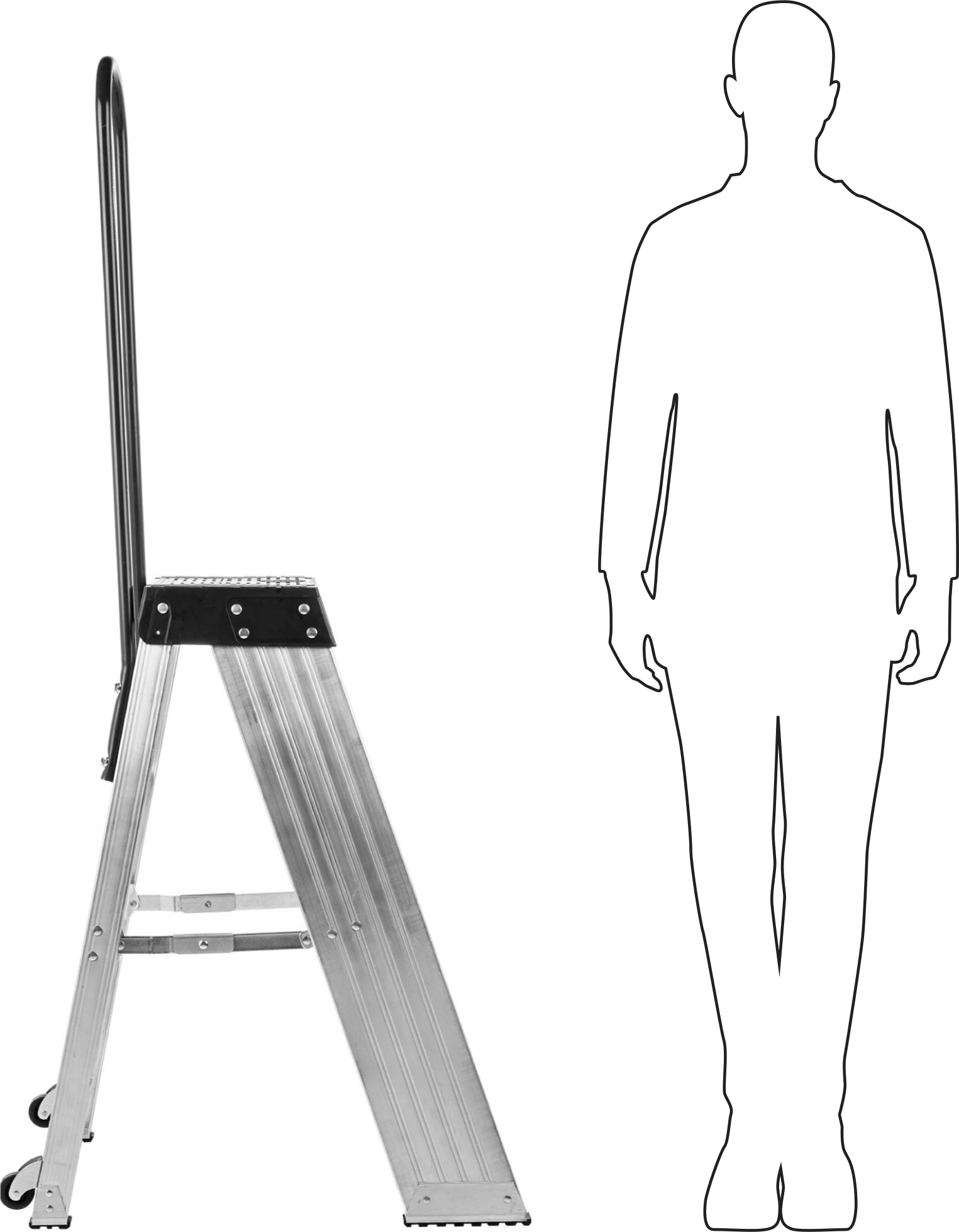 Alüminyum Katlanabilir Basamaklı Tabure, Korkuluk ile, 3 Yivli Basamak, 64“ Yükseklik x 20” Genişlik Toplam