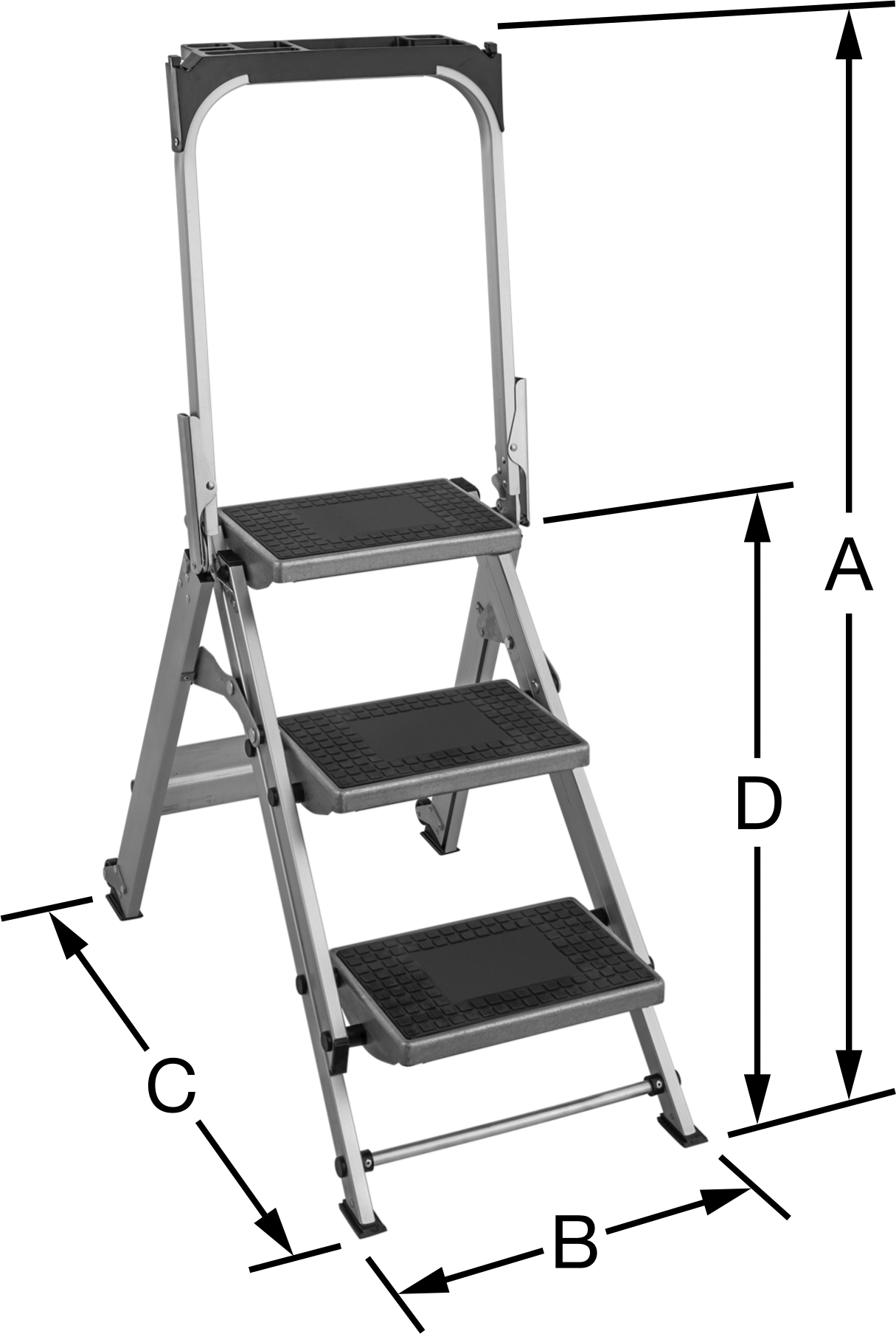Korkuluklu Alüminyum Katlanabilir Basamaklı Tabure, 3 Kauçuk Kaplı Basamak, 51“ Yükseklik x 22” Genişlik x 33" Derinlik Toplam