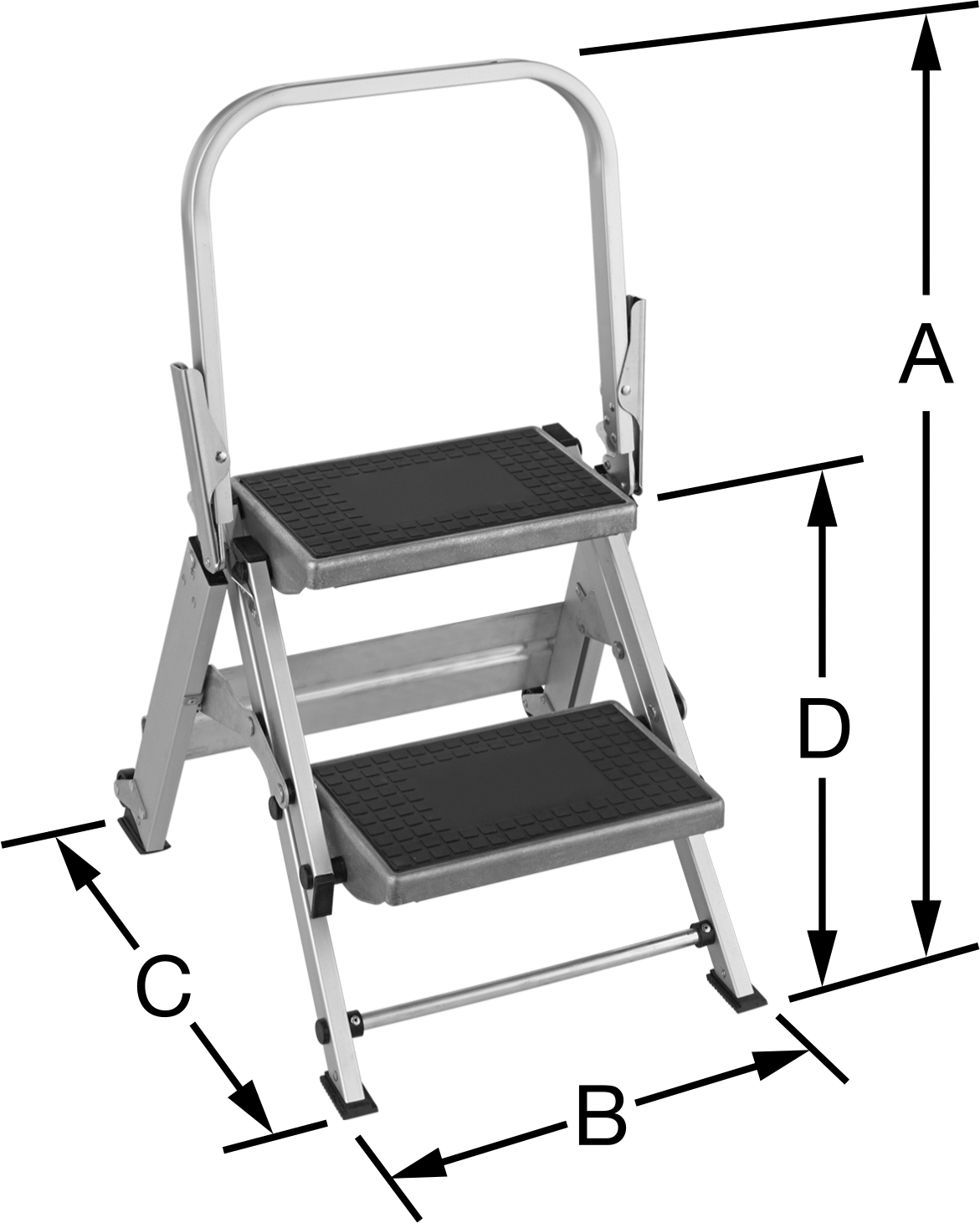 Korkuluklu Alüminyum Katlanabilir Basamaklı Tabure, 2 Kauçuk Kaplı Basamak, 34“ Yükseklik x 21” Genişlik x 22" Derinlik Toplam