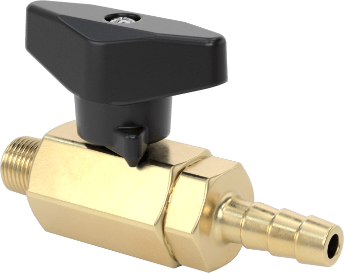 Dişli Bağlantı Parçalı Kompakt Açma/Kapama Valfi, T-Saplı, 1/8 NPT Erkek x 1/4" Tüp İç Çapı için Dikenli