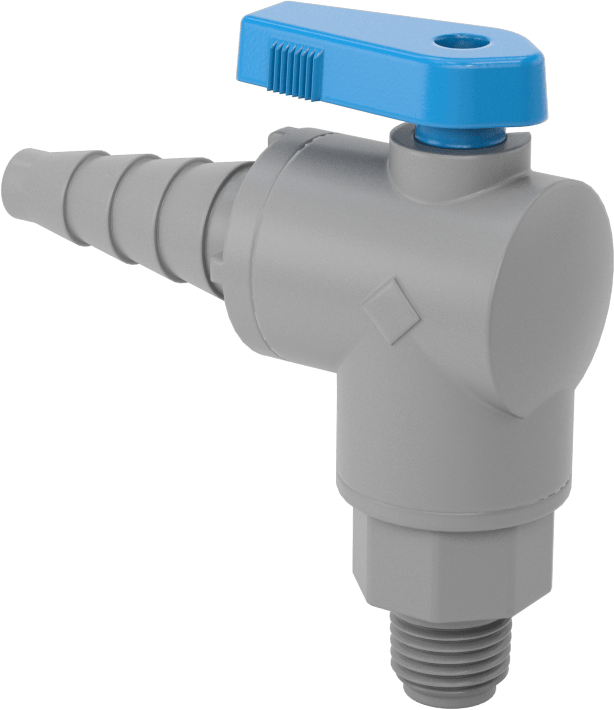 Dikenli Bağlantı Parçalı Plastik Açma/Kapama Vanası, 3/8", 1/2“ ve 5/8” boru iç çapı x 1/4 NPT erkek, Dirsek