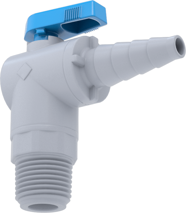 Dikenli Bağlantı Parçalı Plastik Açma/Kapama Vanası, 3/8", 1/2“ ve 5/8” boru iç çapı x 1/2 NPT erkek, Dirsek