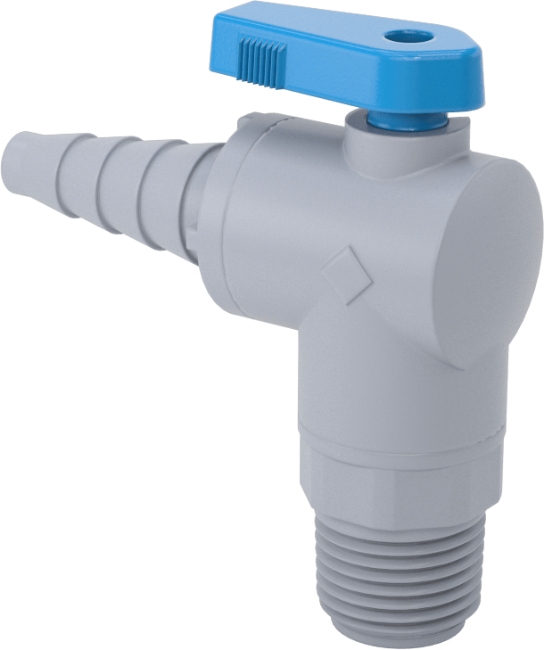 Dikenli Bağlantı Parçalı Plastik Açma/Kapama Vanası, 3/8", 1/2“ ve 5/8” boru iç çapı x 1/2 NPT erkek, Dirsek