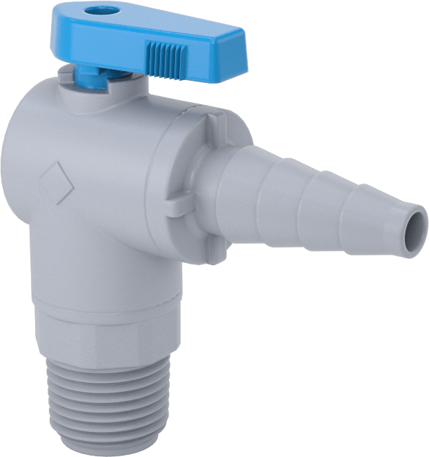 Dikenli Bağlantı Parçalı Plastik Açma/Kapama Vanası, 3/8", 1/2“ ve 5/8” boru iç çapı x 1/2 NPT erkek, Dirsek
