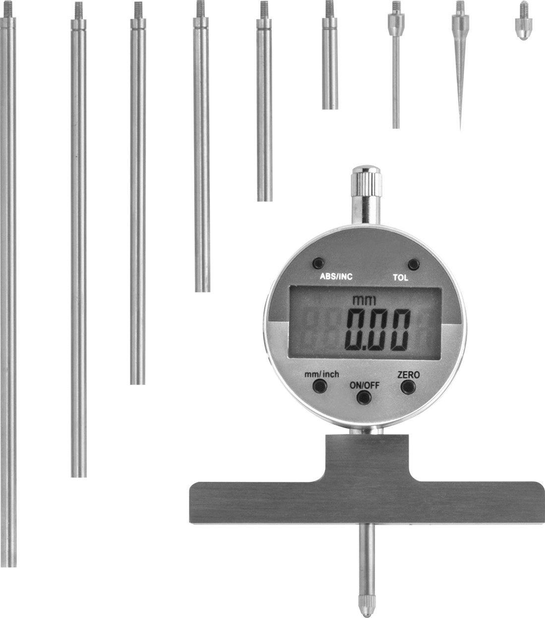 Uzatma Çubuklu Elektronik Derinlik Ölçer, 0“ ila 22” ve 0 mm ila 550 mm Ölçüm Aralığı