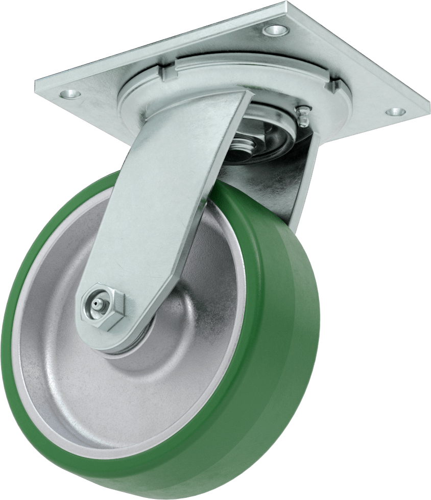5-1/2“ x 5” Plakalı Yüksek Kapasiteli Spartan Tekerlek, Açık Rulmanlı Döner, 6 inç Çapında 60D Sertlikte Poliüretan Tekerlek