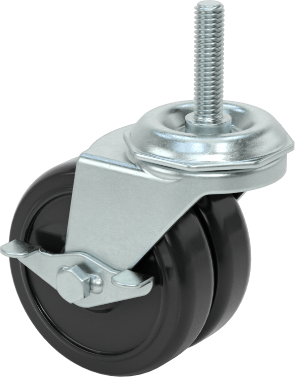 Dişli Saplı Döner Tekerlek, Frenli, 3/8"-16 Diş, İki adet 3“ çap x 13/16” genişliğinde sert tekerlek