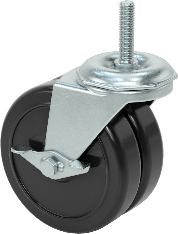 Dişli Saplı Döner Tekerlek, Frenli, 3/8"-16 Diş, İki adet 4 inç Çap x 31/32 inç Genişlikte Sert Tekerlek
