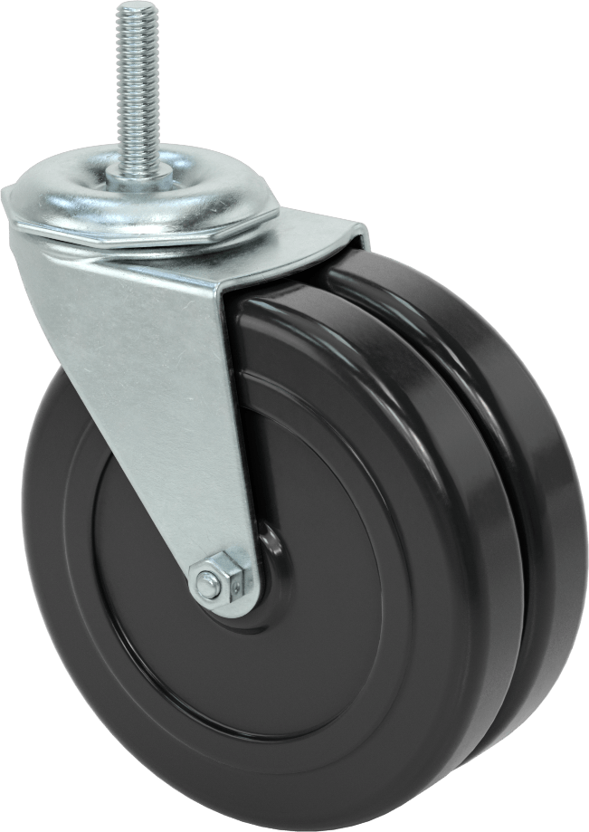Dişli Saplı Döner Tekerlek, 3/8"-16 Gövde Dişi, İki adet 5“ çap x 31/32” genişliğinde sert tekerlek