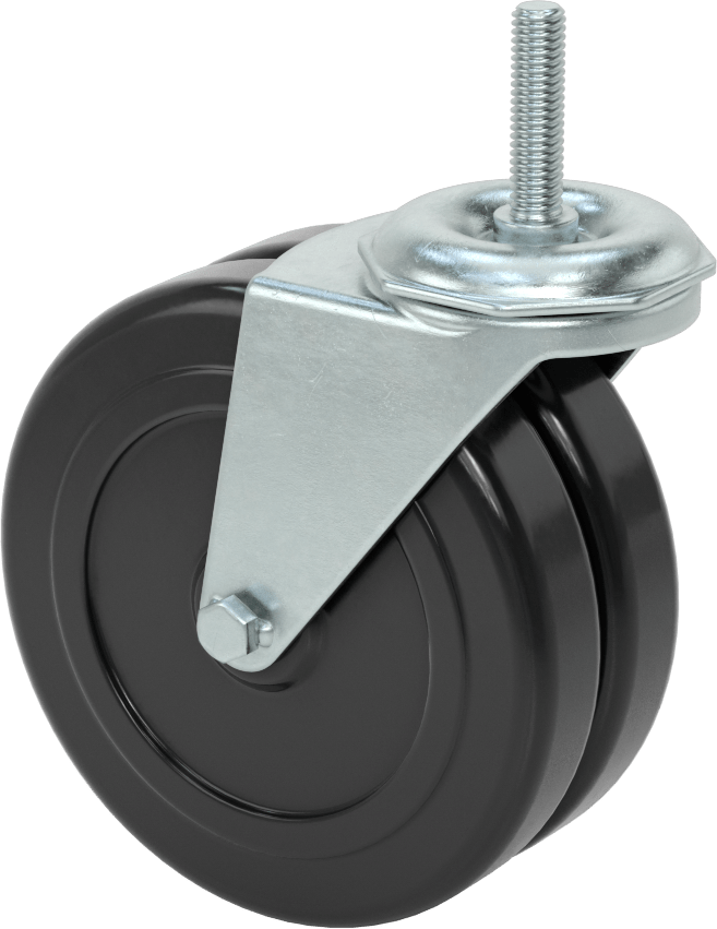 Dişli Saplı Döner Tekerlek, 3/8"-16 Gövde Dişi, İki adet 5“ çap x 31/32” genişliğinde sert tekerlek