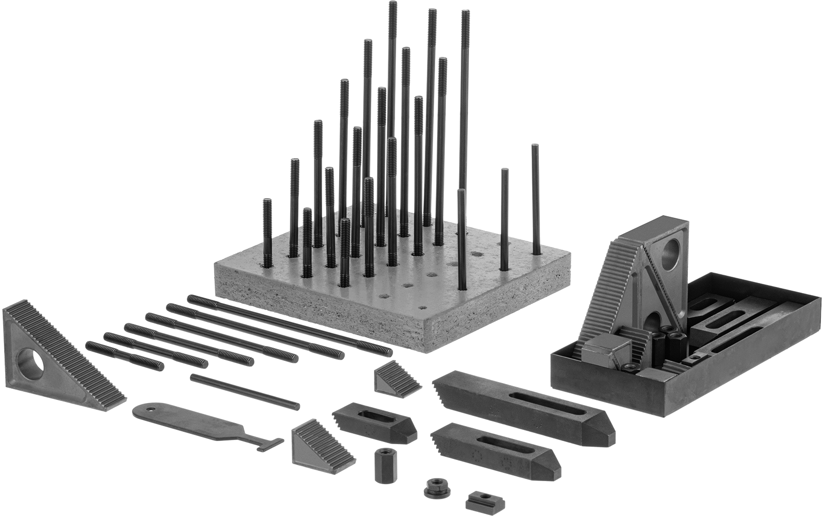 Kurulum Kelepçesi ve T-Yuvası Bağlantı Elemanı Kiti, 3/8" Yiv Genişliği için, 5/16"-18 Diş Boyutu, 49 Parça