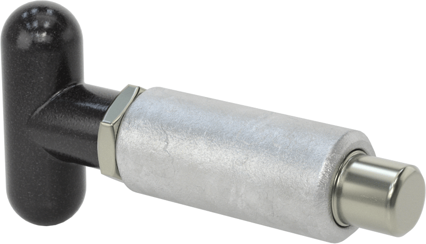 Çelik Kaynaklı Geri Çekilebilir Yaylı Piston, T-Saplı, Kilitleme, 2,25 inç Uzunlukta Gövde, 0,625 inç Çapında Burun