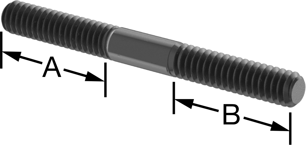 Siyah Oksit Çelik Her İki Ucu Dişli Kurulum Saplaması, 1/4"-20 Diş Boyutu, 2-1/2" Uzunluk, 1" Diş Uzunlukları
