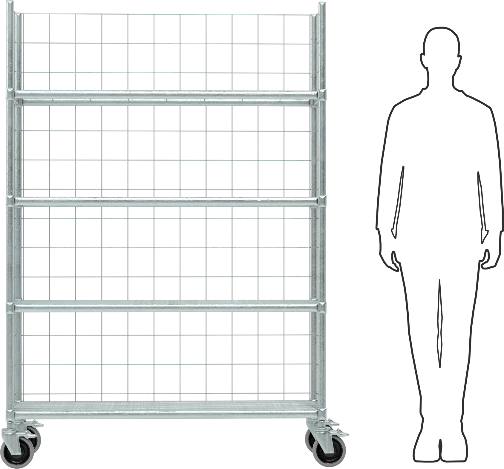 Üç taraflı tel raf, 4 Raf ile, 48“ Genişlik x 70” Yükseklik x 18" Derinlik