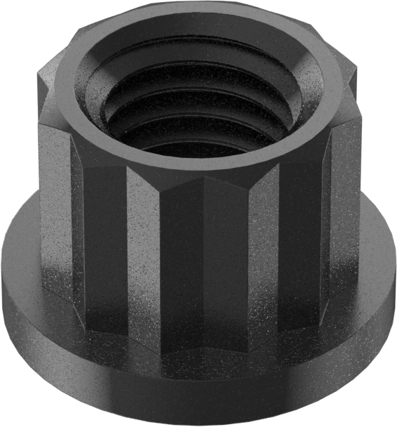 Siyah Oksit Çelik 12 Uçlu Flanş Somunu, 1/4"-28 Diş Boyutu, 5/16" Genişlik, 7/16" Flanş Çapı