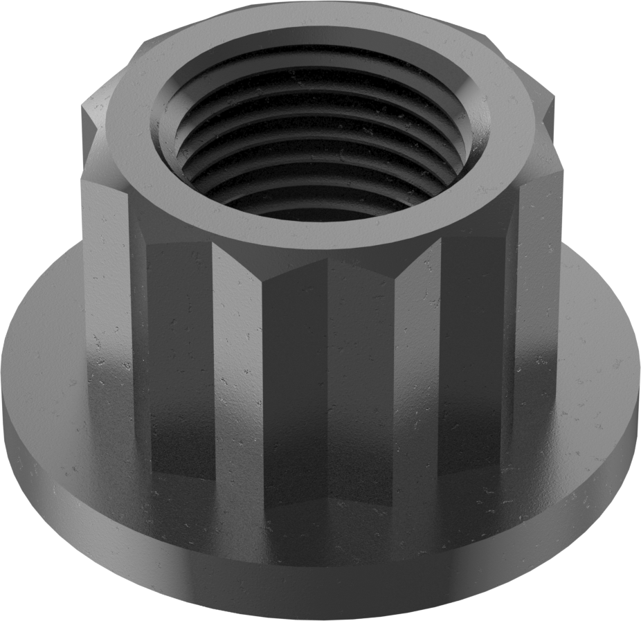 Siyah Oksit Çelik 12 Uçlu Flanş Somunu, 5/8"-18 Diş Boyutu, 13/16" Genişlik, 1-1/4" Flanş Çapı