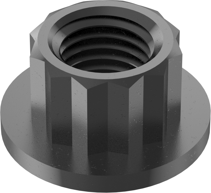 Siyah Oksit Çelik 12 Uçlu Flanş Somunu, M8 x 1 mm Diş Boyutu, 10 mm Genişlik, 15,9 mm Flanş Çapı