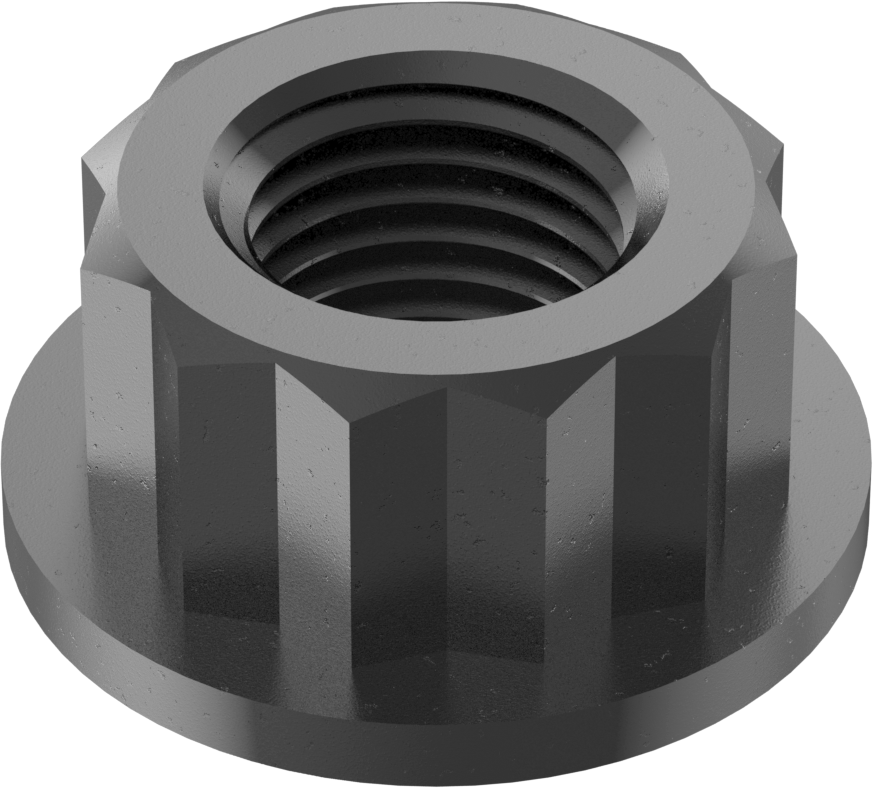 Siyah Oksit Çelik 12 Uçlu Flanş Somunu, M9 x 1 mm Diş Boyutu, 13 mm Genişlik, 18,2 mm Flanş Çapı