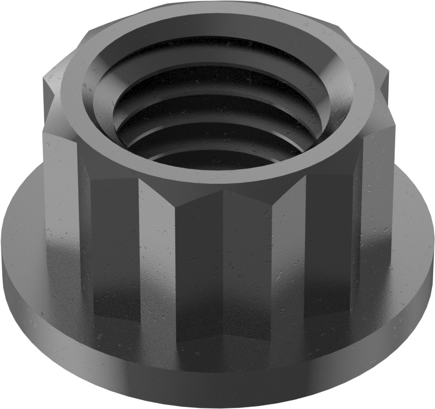 Siyah Oksit Çelik 12 Uçlu Flanş Somunu, M9 x 1,25 mm Diş Boyutu, 11 mm Genişlik, 15,6 mm Flanş Çapı