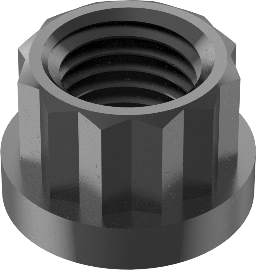 Siyah Oksit Çelik 12 Uçlu Flanş Somunu, M10 x 1,25 mm Diş Boyutu, 12 mm Genişlik, 15,9 mm Flanş Çapı