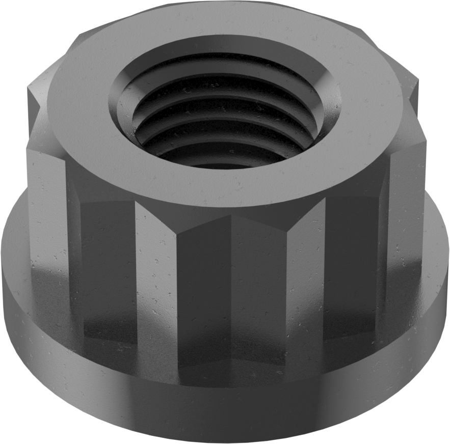 Siyah Oksit Çelik 12 Uçlu Flanş Somunu, M10 x 1,25 mm Diş Boyutu, 16 mm Genişlik, 20,7 mm Flanş Çapı