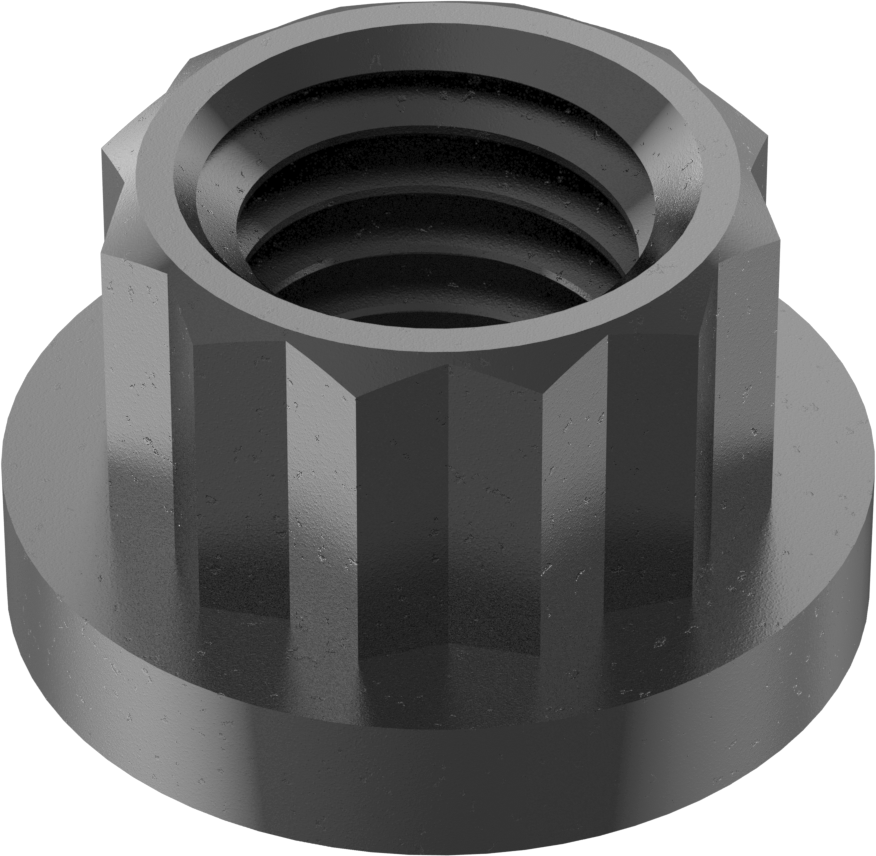 Siyah Oksit Çelik 12 Uçlu Flanş Somunu, M10 x 1,5 mm Diş Boyutu, 12 mm Genişlik, 17,8 mm Flanş Çapı