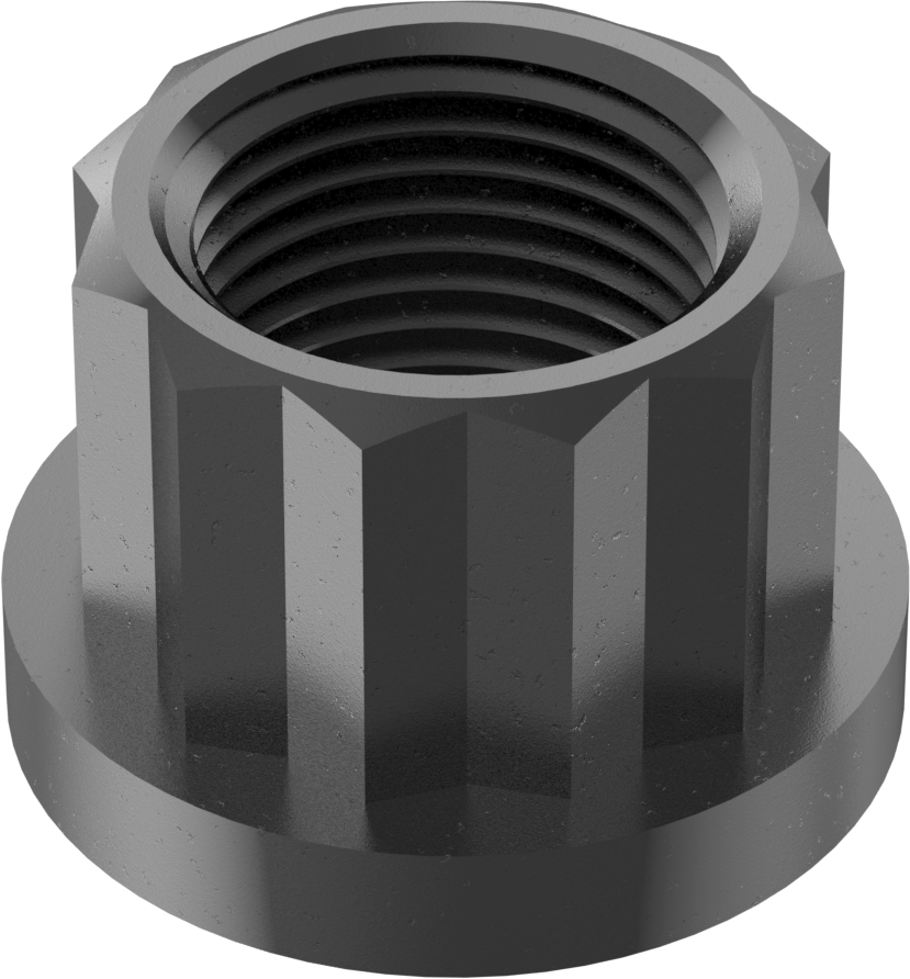 Siyah Oksit Çelik 12 Uçlu Flanş Somunu, M12 x 1 mm Diş Boyutu, 14 mm Genişlik, 19,1 mm Flanş Çapı