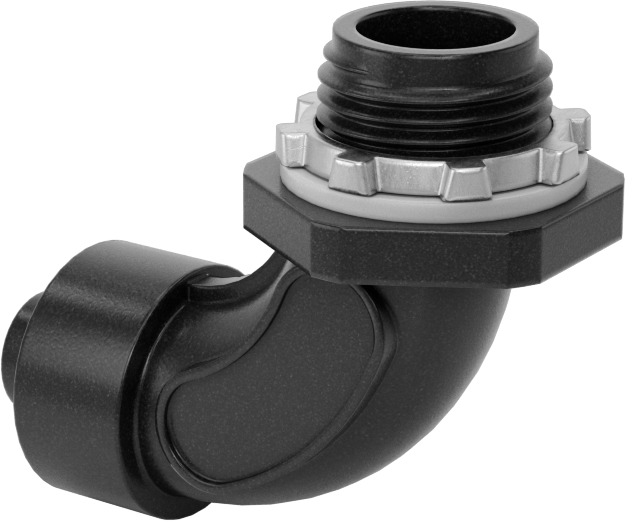 3/8 Vidalı x 1/2 NPT, Sıvı Geçirmez Esnek Plastik Kanal için Siyah 90 Derece Dirsek