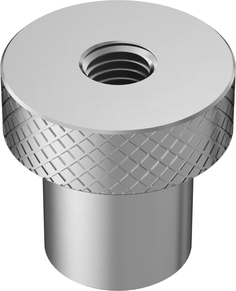 18-8 Paslanmaz Çelik Tırtıllı Başlı Parmak Somunu, 1/4"-28 Diş, 1/2“ Çap x 1/2” Yüksekliğinde Yaka, 3/4" Baş Çapı