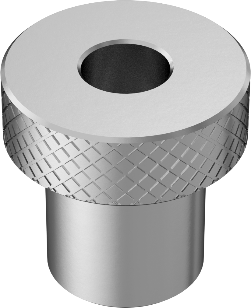 18-8 Paslanmaz Çelik Tırtıllı Başlı Parmak Somunu, 1/4"-20 Diş, 1/2“ Çap x 1/2” Yüksekliğinde Yaka, 3/4" Baş Çapı