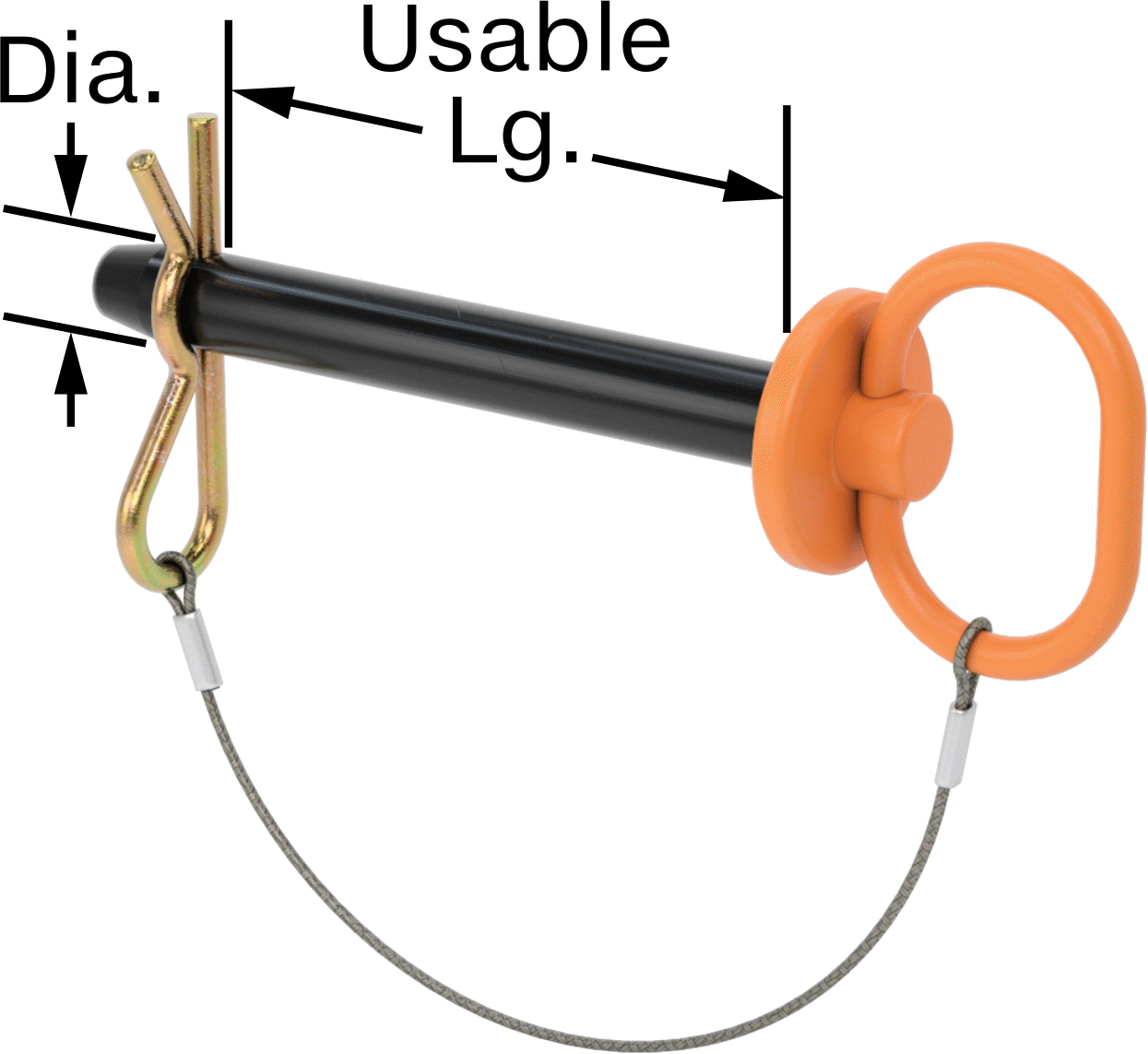 Turuncu Saplı Bağlı Döngü Tutamaklı Çatal Pim, Çinko Kaplamalı 1144 Karbon Çelik, 5/8" Çap, 4-1/2" Kullanılabilir Uzunluk