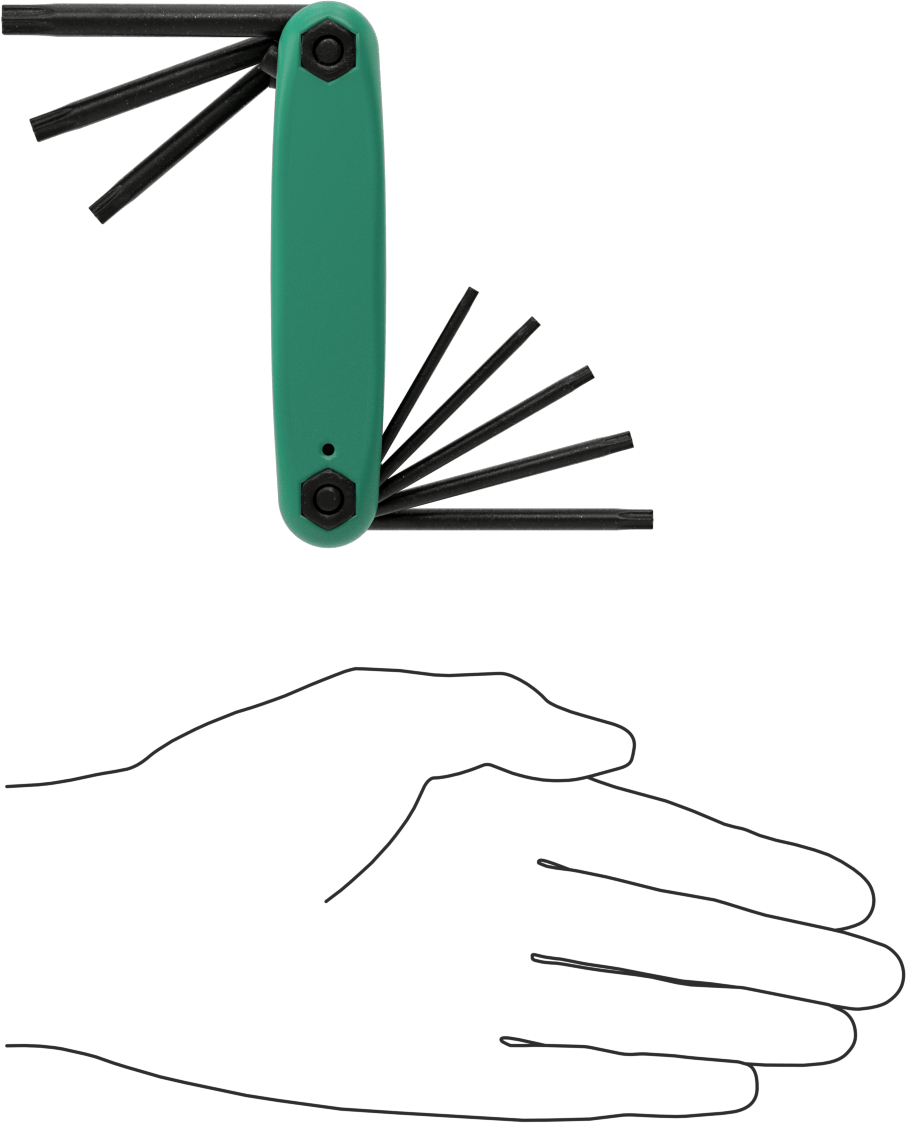 Hızlı Değiştirilebilir Katlanabilir L Anahtar Seti, 8 Torx Boyutu, 4-5/8" Uzunluk Yeşil Plastik Sap