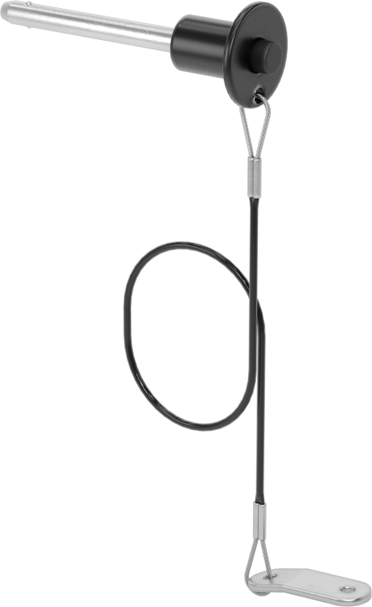 Topuz Tutamaklı Basmalı Düğme Hızlı Açma Pimi, Kordon ile, 3/16" Çap, 1-1/2" Kullanılabilir Uzunluk