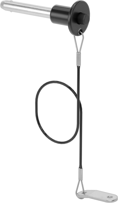 Topuz Tutamaklı Basmalı Düğme Hızlı Açma Pimi, Kordon ile, 1/4" Çap, 1-1/4" Kullanılabilir Uzunluk