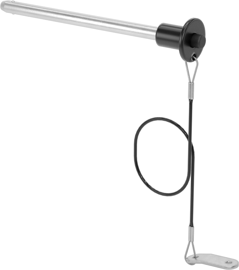 Topuz Tutamaklı Basmalı Düğme Hızlı Açma Pimi, Kordon ile, 1/4" Çap, 3-1/2" Kullanılabilir Uzunluk