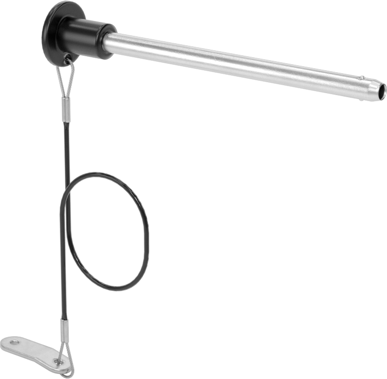 Topuz Tutamaklı Basmalı Düğme Hızlı Açma Pimi, Kordon ile, 1/4" Çap, 3-1/2" Kullanılabilir Uzunluk