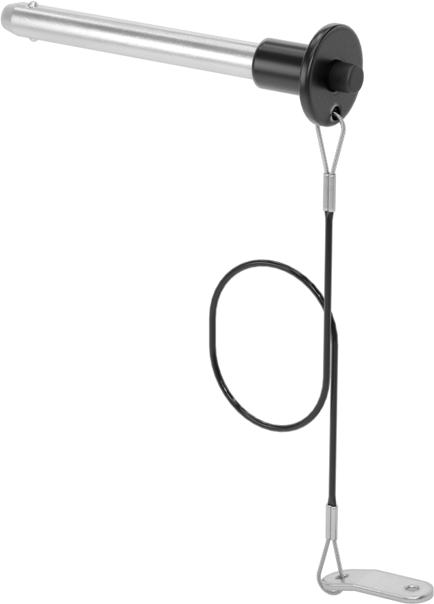 Topuz Tutamaklı Basmalı Düğme Hızlı Açma Pimi, Kordon ile, 5/16" Çap, 2-1/2" Kullanılabilir Uzunluk