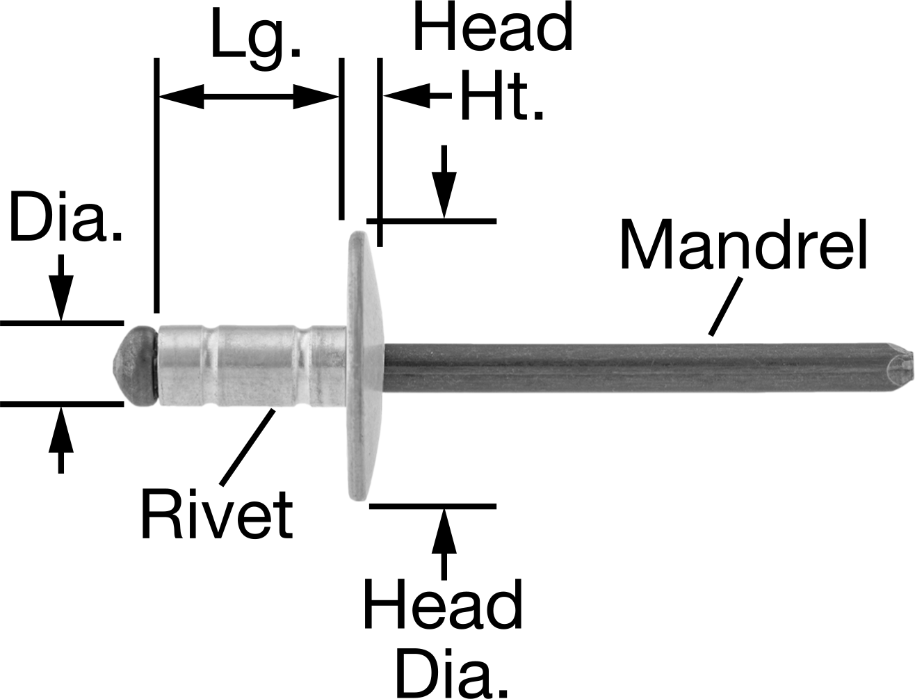 Geniş Kalınlık Aralığı Kör Perçinler, Büyük Çaplı Kubbe Başlı, 1/8" Çap, 0,118“-0,331” Kalınlık