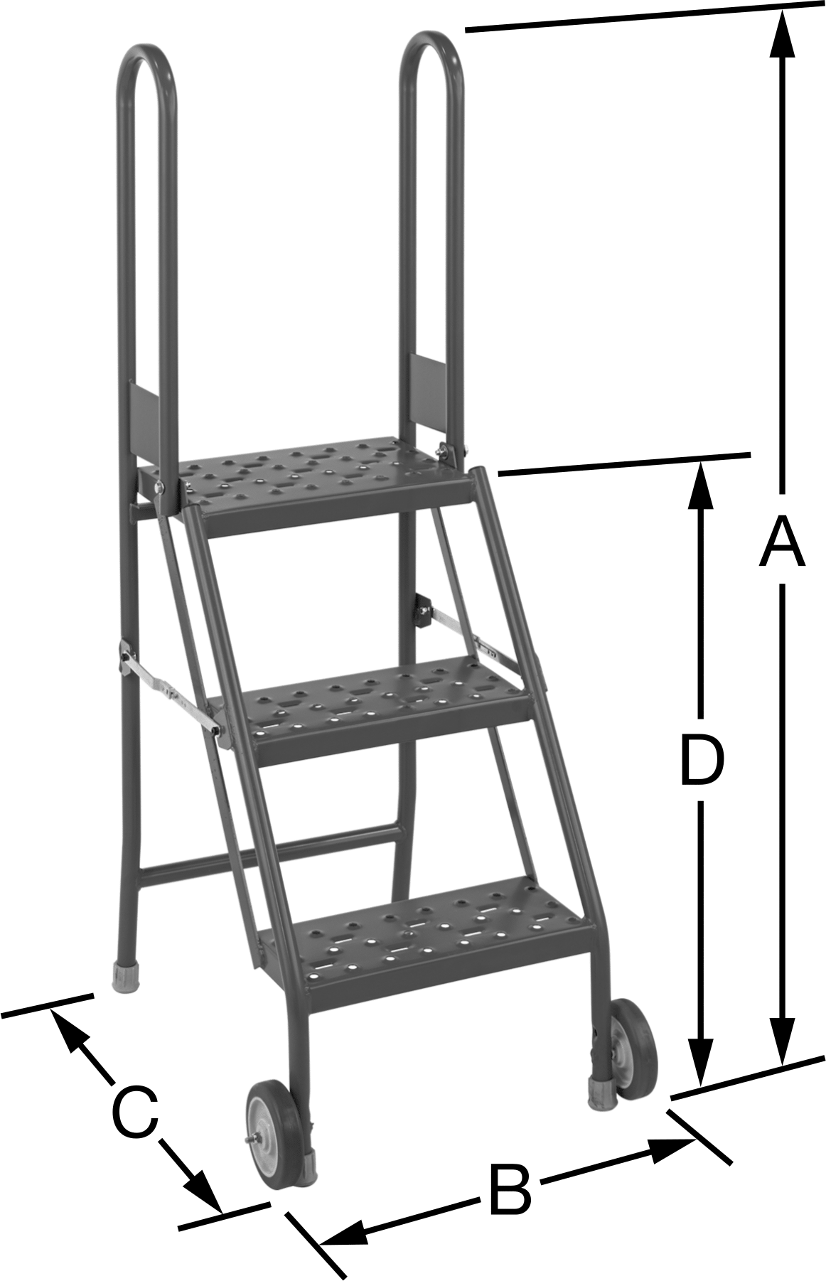 Korkuluklu Çelik Katlanabilir Basamaklı Tabure, 3 Delikli Basamak, 54“ Yükseklik x 21” Genişlik x 27" Derinlik Toplam