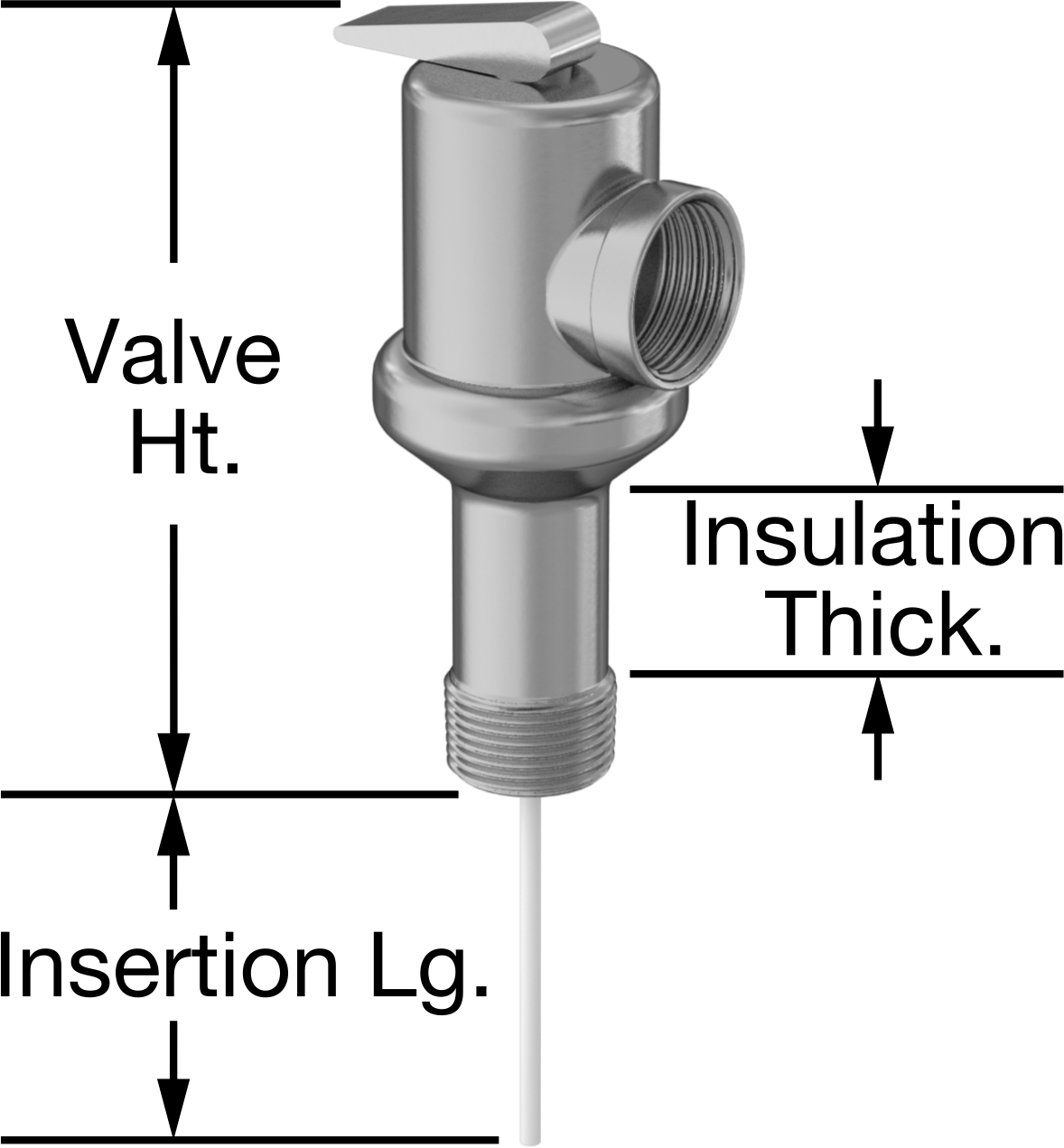 Hızlı Etkili Sıcaklık ve Basınç Tahliye Valfi, Su için, 3/4 NPT Erkek Giriş, 1-1/4" Yalıtım Kalınlığı