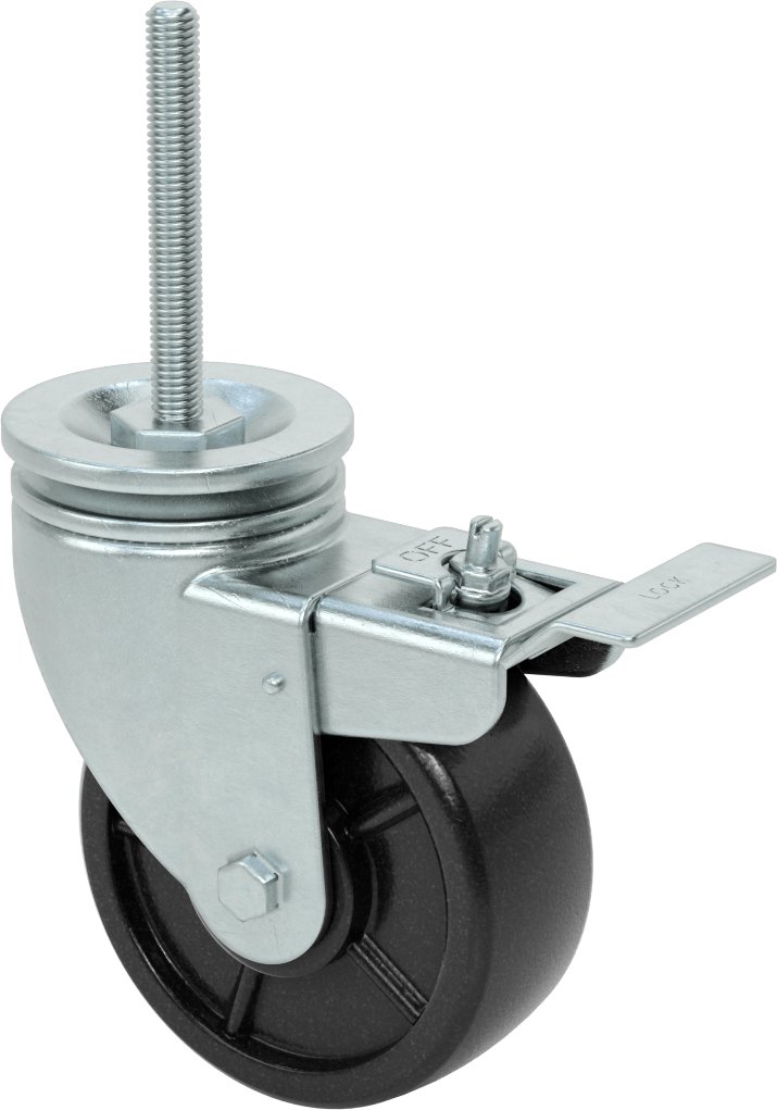 4 inç Uzunluğunda Dişli Saplı Döner Tekerlek, Total Lock, 1/2“-13 Diş ve 5” Çaplı Polipropilen Tekerlek