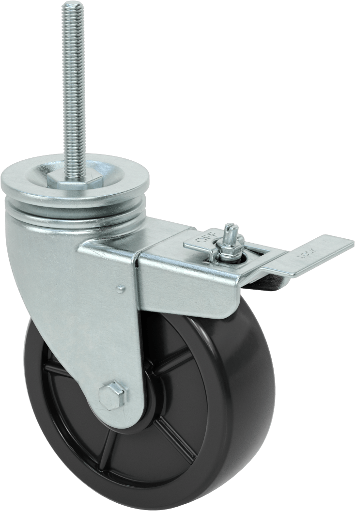 4 inç Uzunluğunda Dişli Saplı Döner Tekerlek, 1/2“-13 Diş ve 6” Çaplı Poliüretan Tekerlek, Total Lock